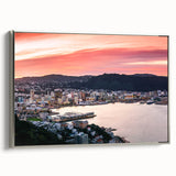 Framed canvas landscape art painting depicting Wellington, New Zealand with colorful and vintage poster art elements.