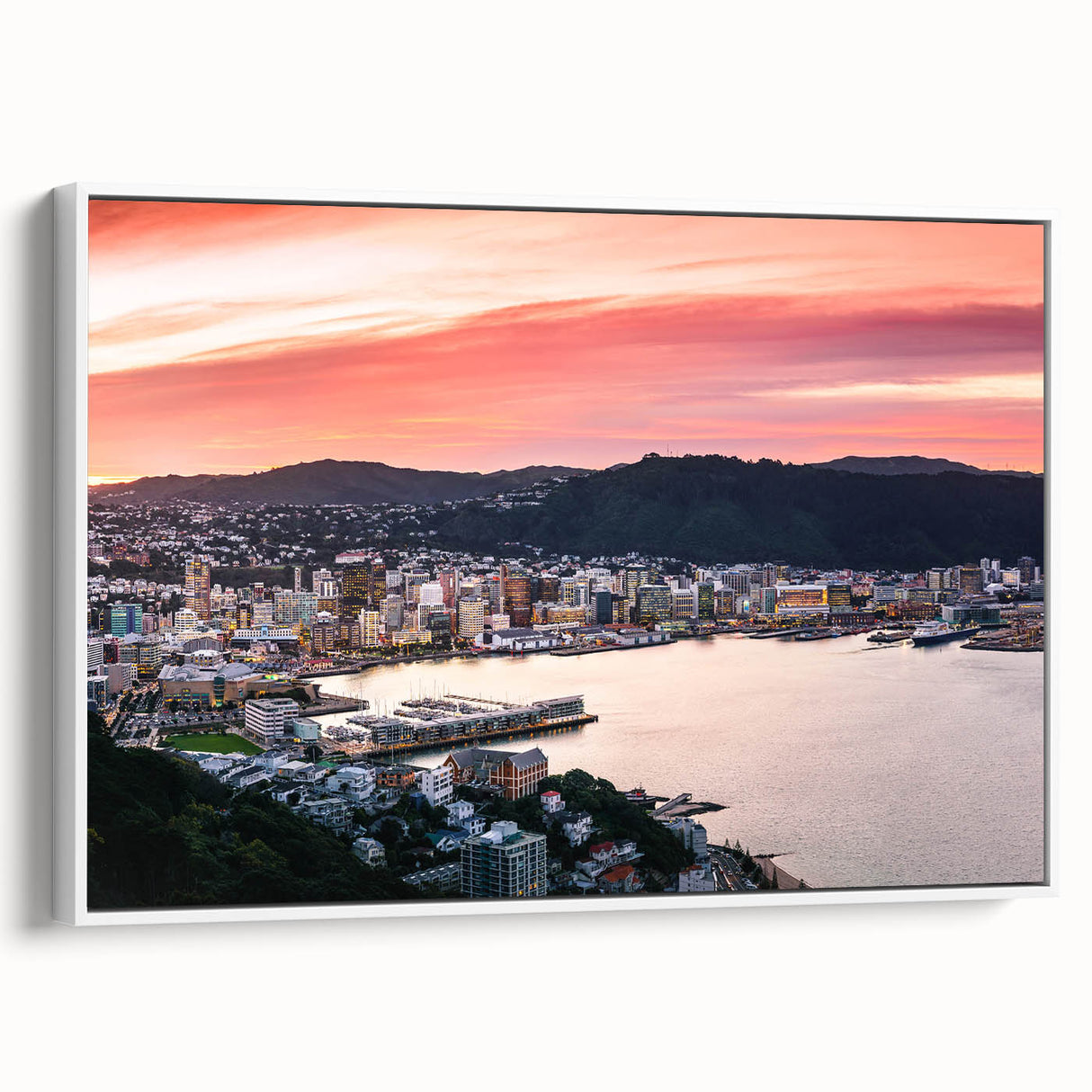 Vintage poster art of Wellington, New Zealand in colorful hues on extra large framed canvas, ideal for living room decor.