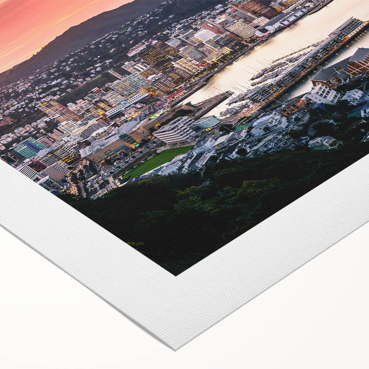 Art deco poster of Wellington, New Zealand skyline in muted gray and blue tones on rolled canvas.