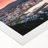 Art deco poster of Wellington, New Zealand skyline in muted gray and blue tones on rolled canvas.