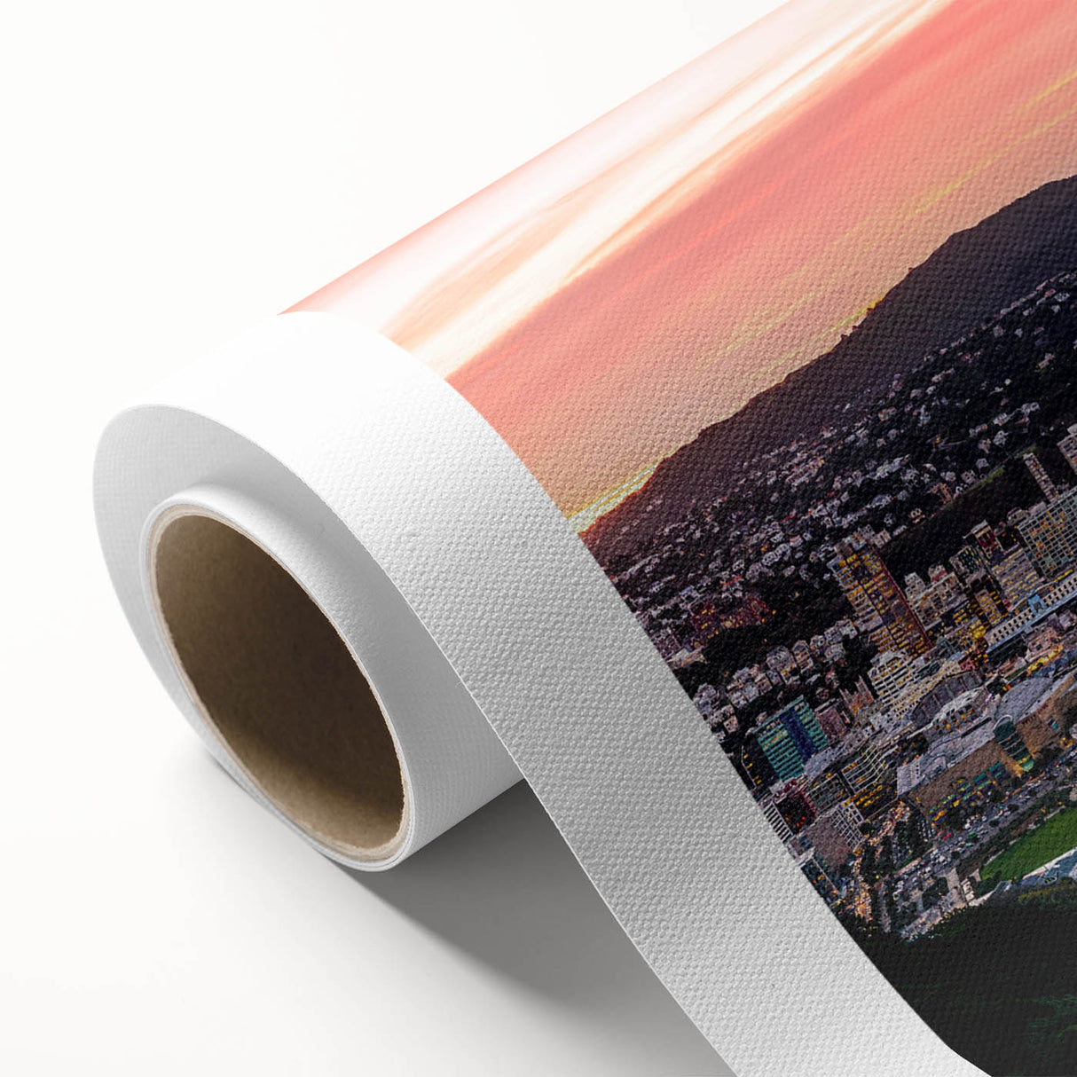Art Deco poster of Wellington, New Zealand in muted blues and greens on rolled canvas, ideal for nursery wall art.