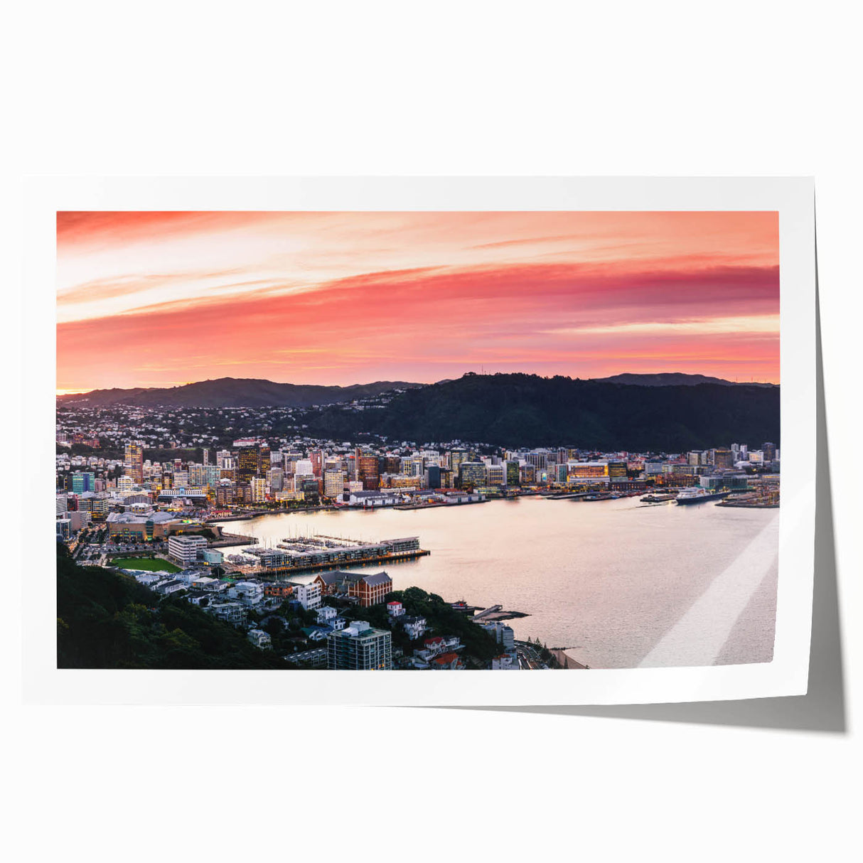 Rolled print of Wellington, New Zealand skyline in muted watercolor tones, suitable as art wall dining room decor.