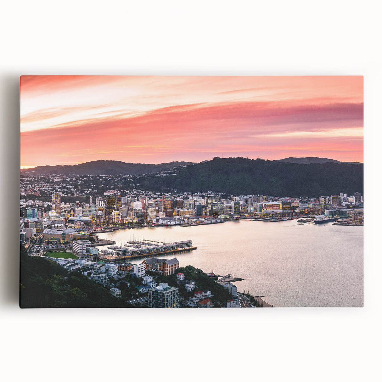 Black and white photograph of Wellington skyline on stretched canvas, ideal for kitchen wall art.
