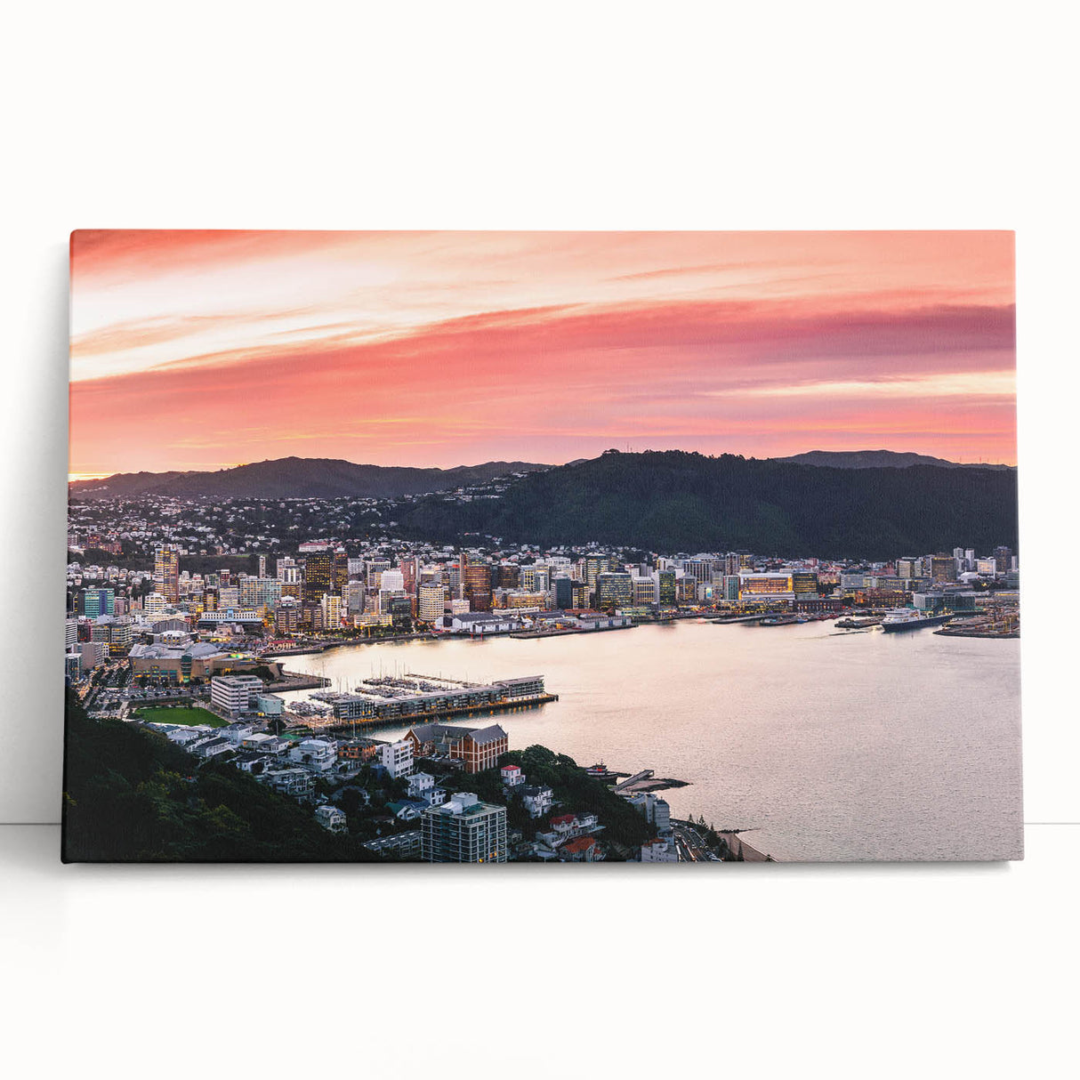 Black and white stretched canvas of Wellington skyline, ideal for kitchen wall art.