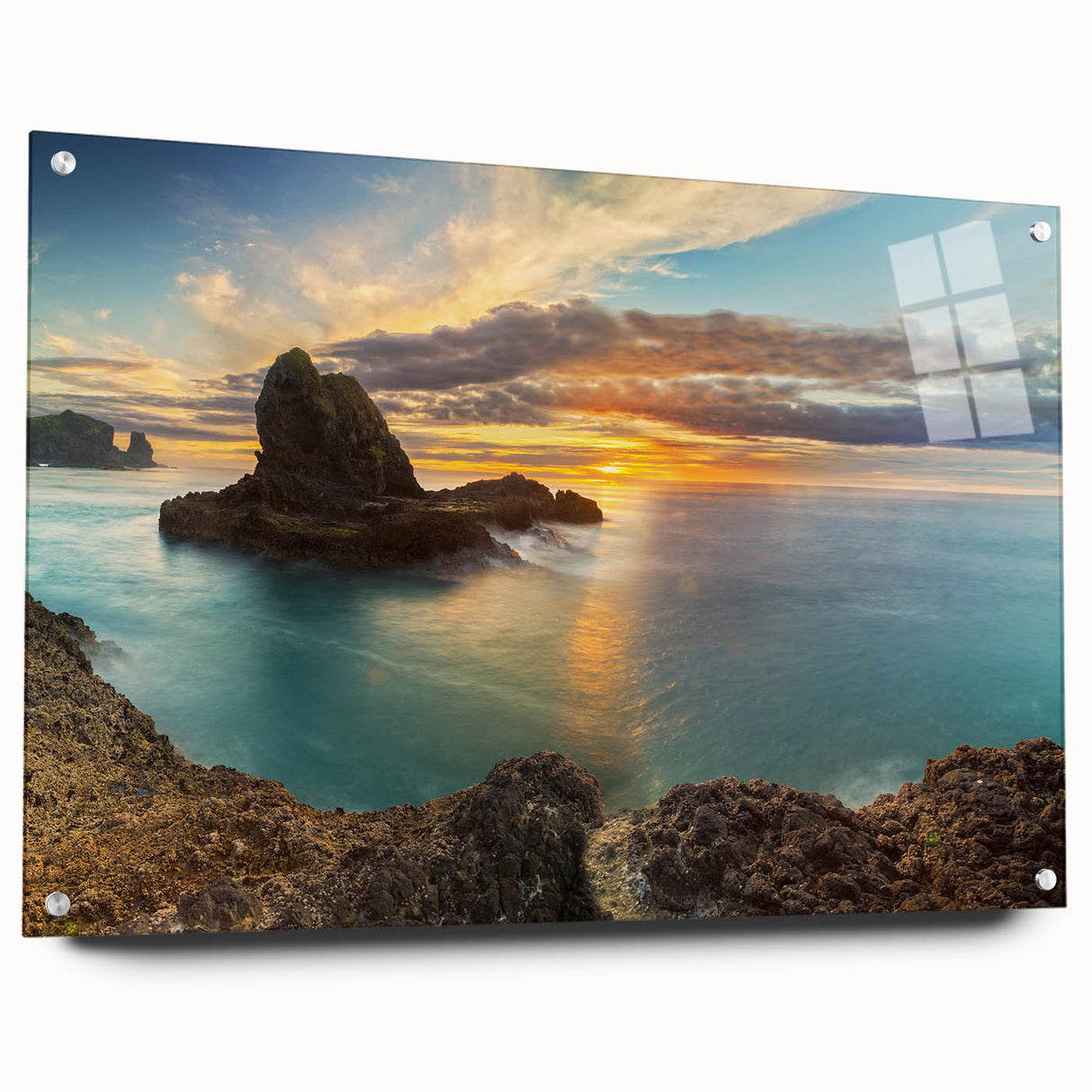 Acrylic print of New Zealand West Coast scenery in muted greens and blues, ideal for bedroom or dining room decor.