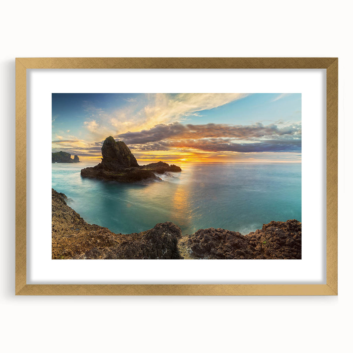 Extra large abstract art print of New Zealand's West Coast in textured gold frame, ideal for living room decor.