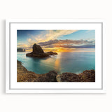 Abstract art print of the New Zealand west coast in muted blue and green tones on a white-framed canvas.