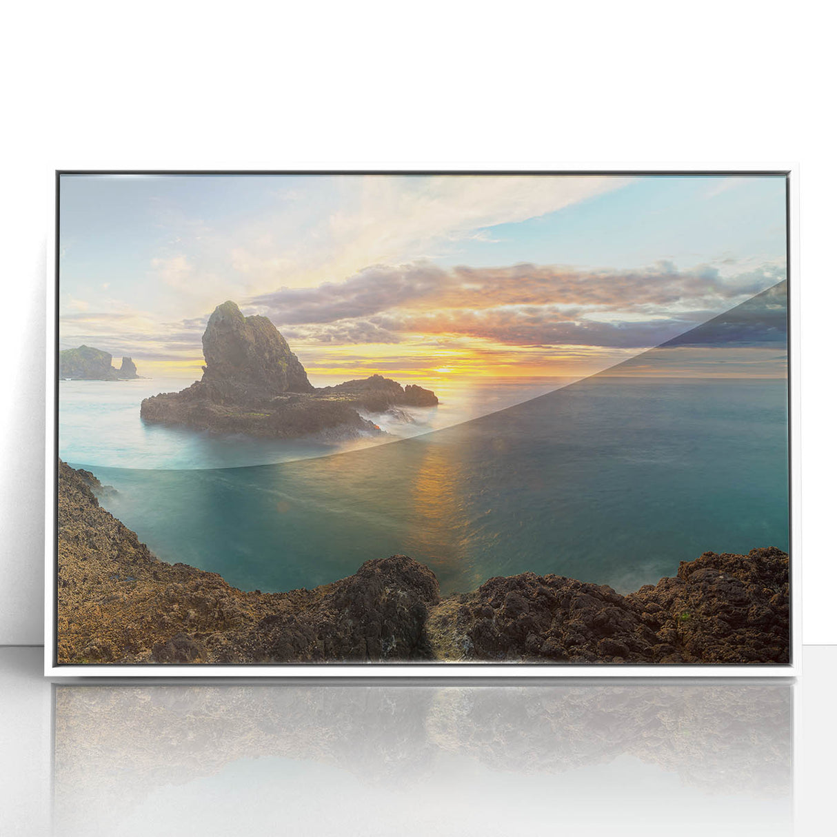 Art deco poster of New Zealand's West Coast in muted blue and green tones, framed in white acrylic.