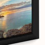 Extra large framed canvas of a textured black wall art depicting New Zealand's West Coast, with colorful accents.