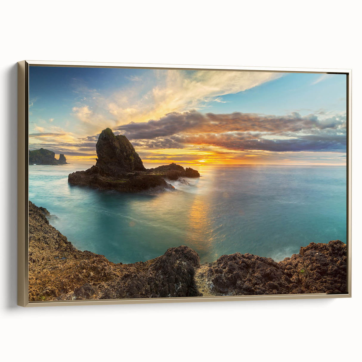 Framed canvas of a vintage-style New Zealand West Coast landscape in black and gold, ideal for bedroom wall art.