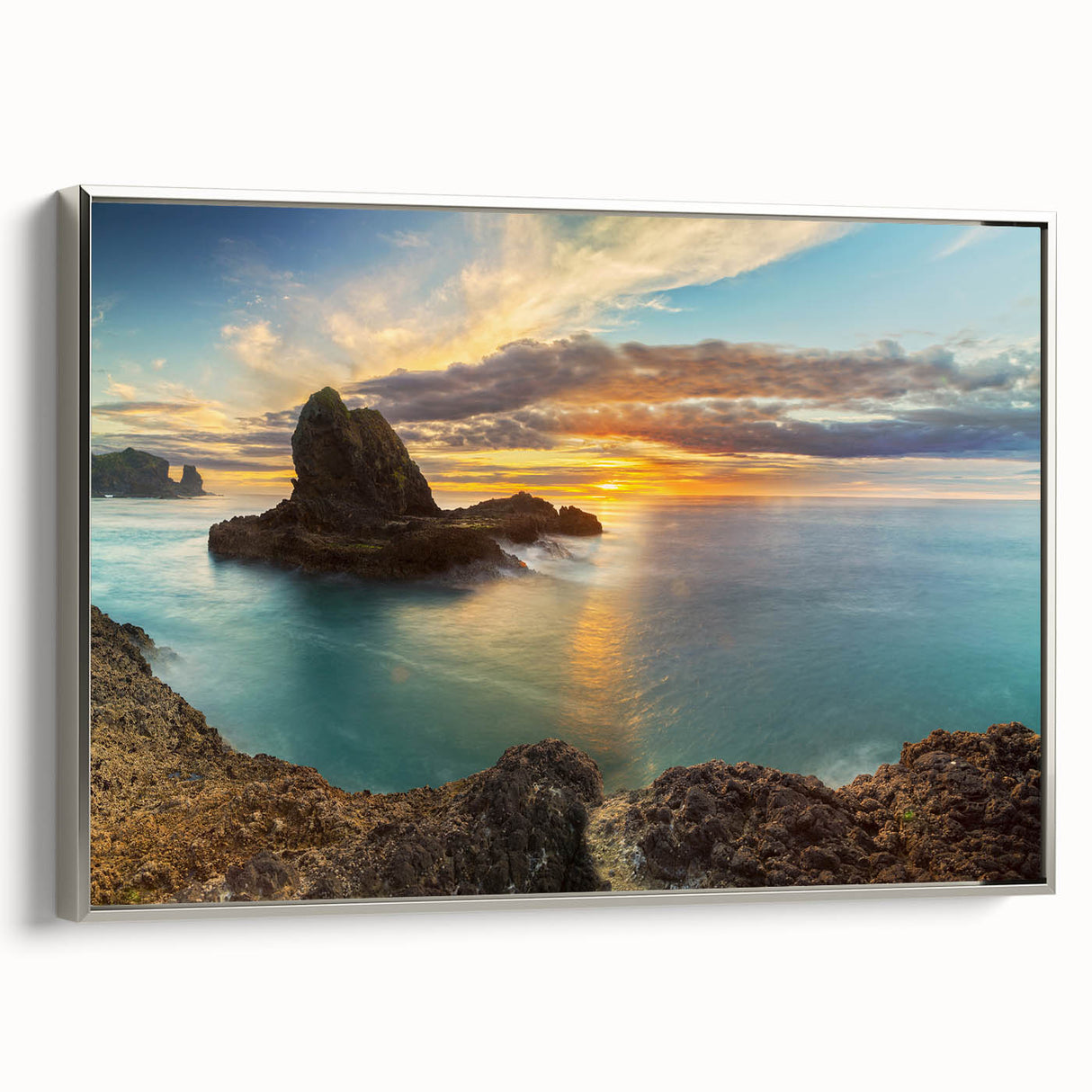 Framed canvas landscape art painting depicting a vintage New Zealand west coast scene in colorful hues.