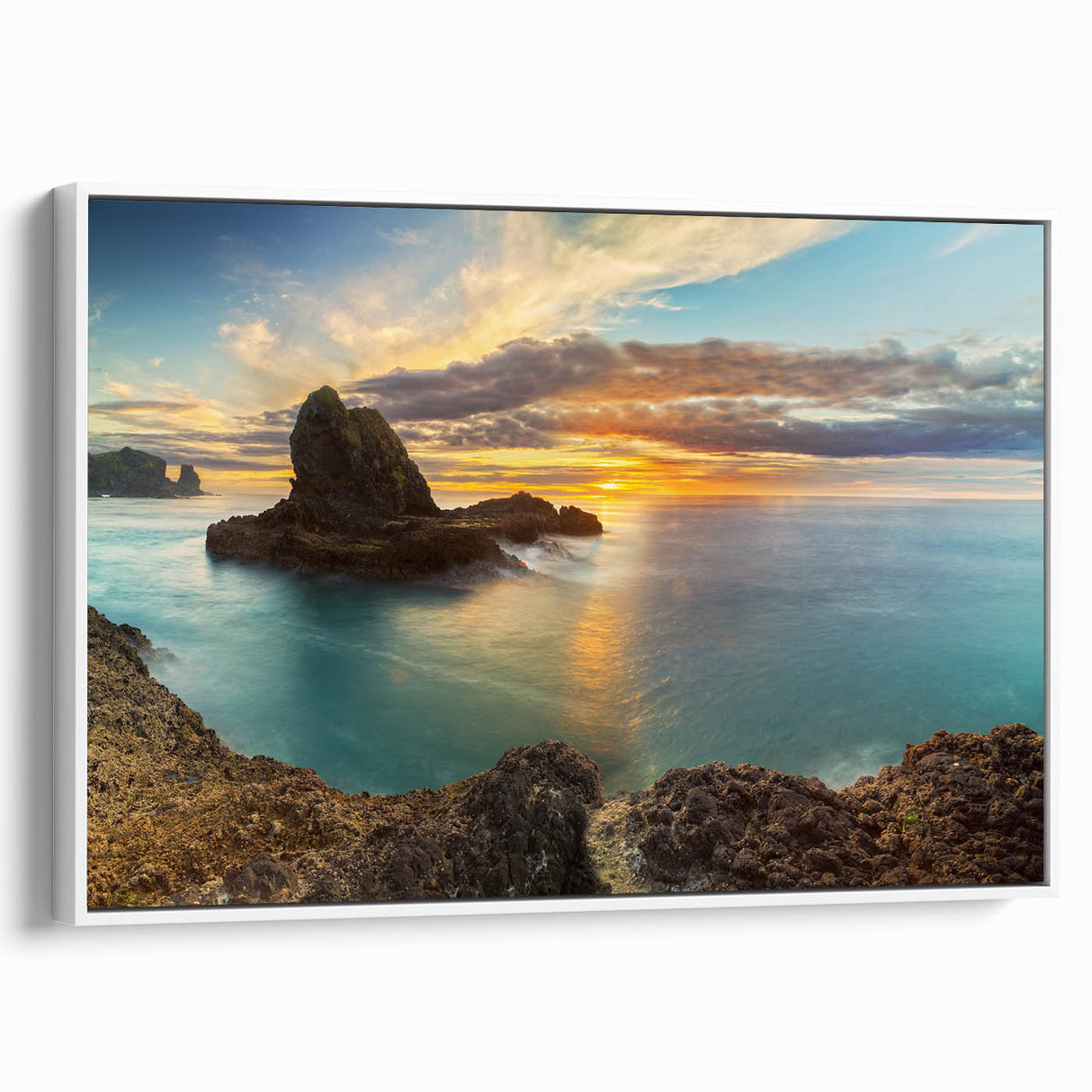 Vintage poster art of New Zealand's West Coast in vibrant colors on a large framed canvas, ideal for living room decor.
