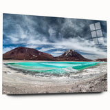 Large abstract wall art of Bolivian scenery in muted earth tones on acrylic glass, ideal for bedroom or dining room decor.