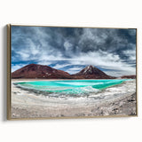 Framed canvas of a vintage-style Bolivian landscape painting in black and gold tones, ideal for bedroom wall art.