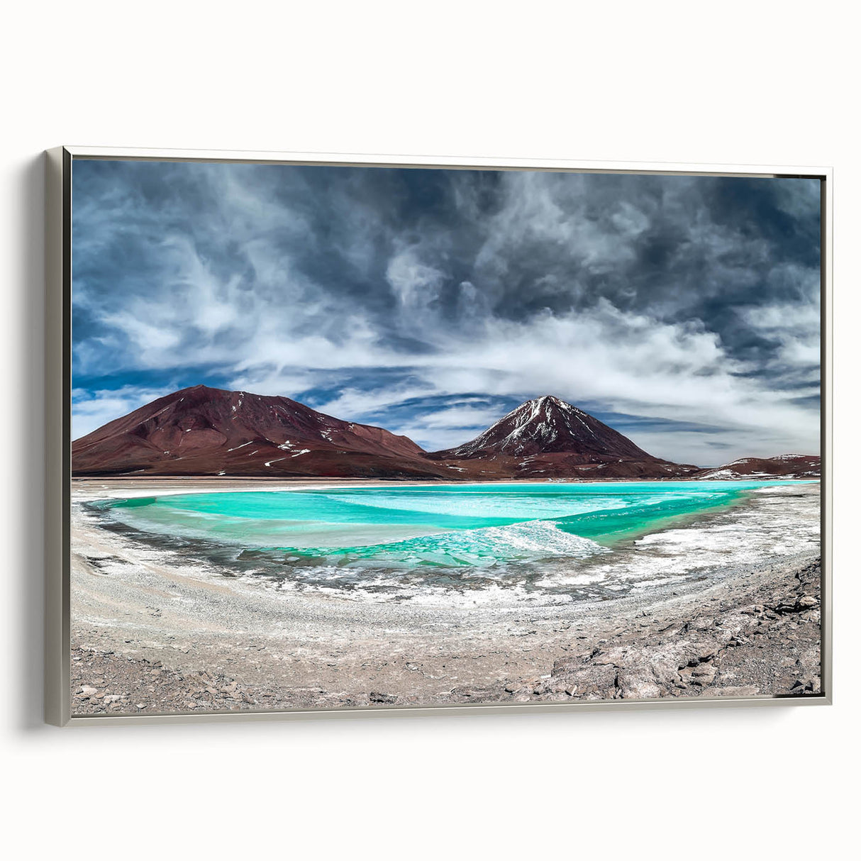 Framed canvas featuring a vintage-style landscape painting of a Bolivian scenery in black with colorful accents.