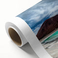 Art deco poster of a Bolivian landscape in soft earth tones on rolled canvas.