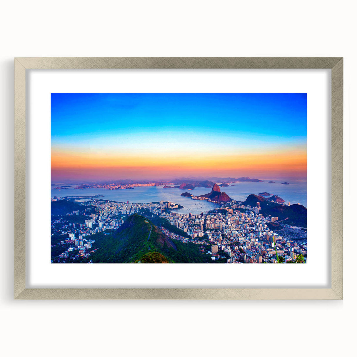 Textured abstract art print of a Brazilian landscape in muted earth tones on a framed silver mat, ideal for bedroom art.