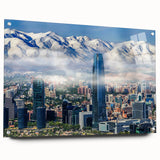 Acrylic glass print of Santiago, Chile skyline in muted earth tones, ideal for dining room art.