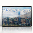 Large abstract wall art depicting Santiago, Chile in vibrant orange and blue tones on a black framed acrylic.