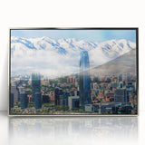 Mid-century modernist art of Santiago, Chile skyline in muted earth tones on a silver-framed acrylic print.