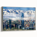 Framed canvas featuring a colorful landscape art painting of Santiago, Chile, with a vintage poster style.