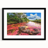 Extra large abstract art print of a vibrant, colorful Colombian landscape on a black-framed canvas.