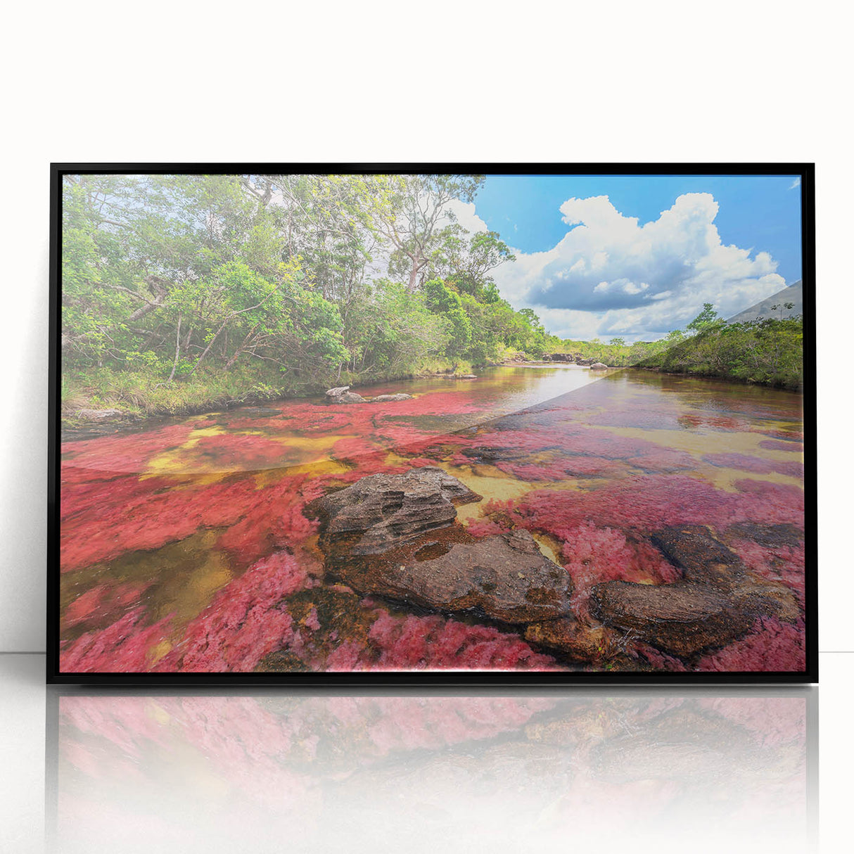 Large abstract wall art featuring a vibrant Colombian landscape in mid-century modernist style, acrylic print in black frame.