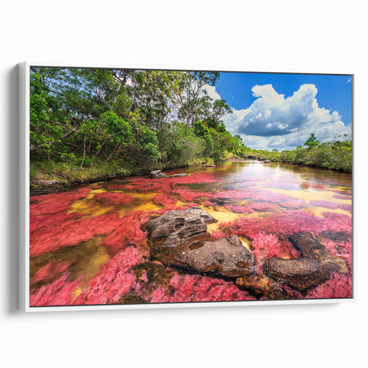 Vintage poster art of a colorful Colombian landscape on extra large framed canvas, ideal for living room decor.