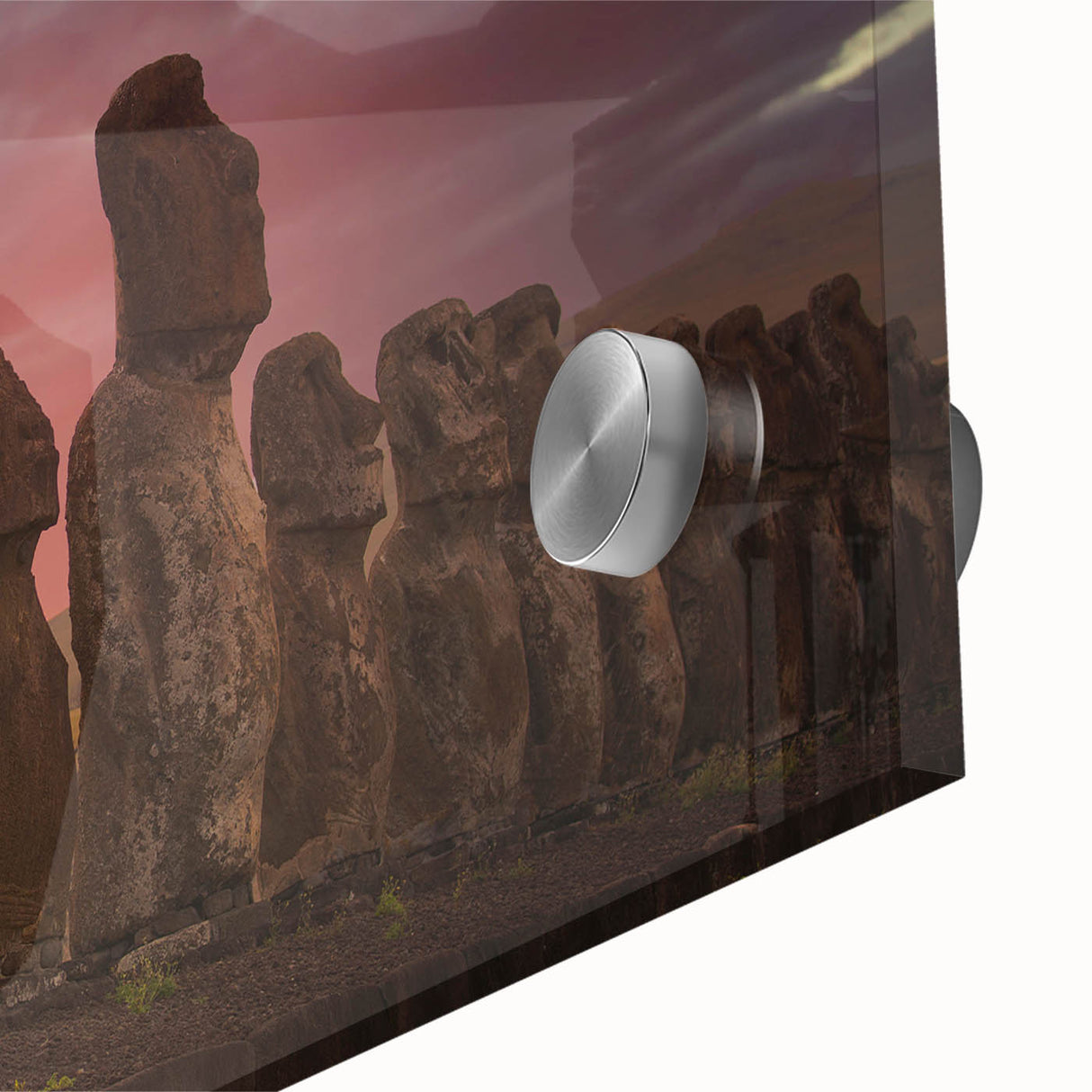 Mid-century modernist style depiction of Easter Island statues on large acrylic glass, with muted earth tones.