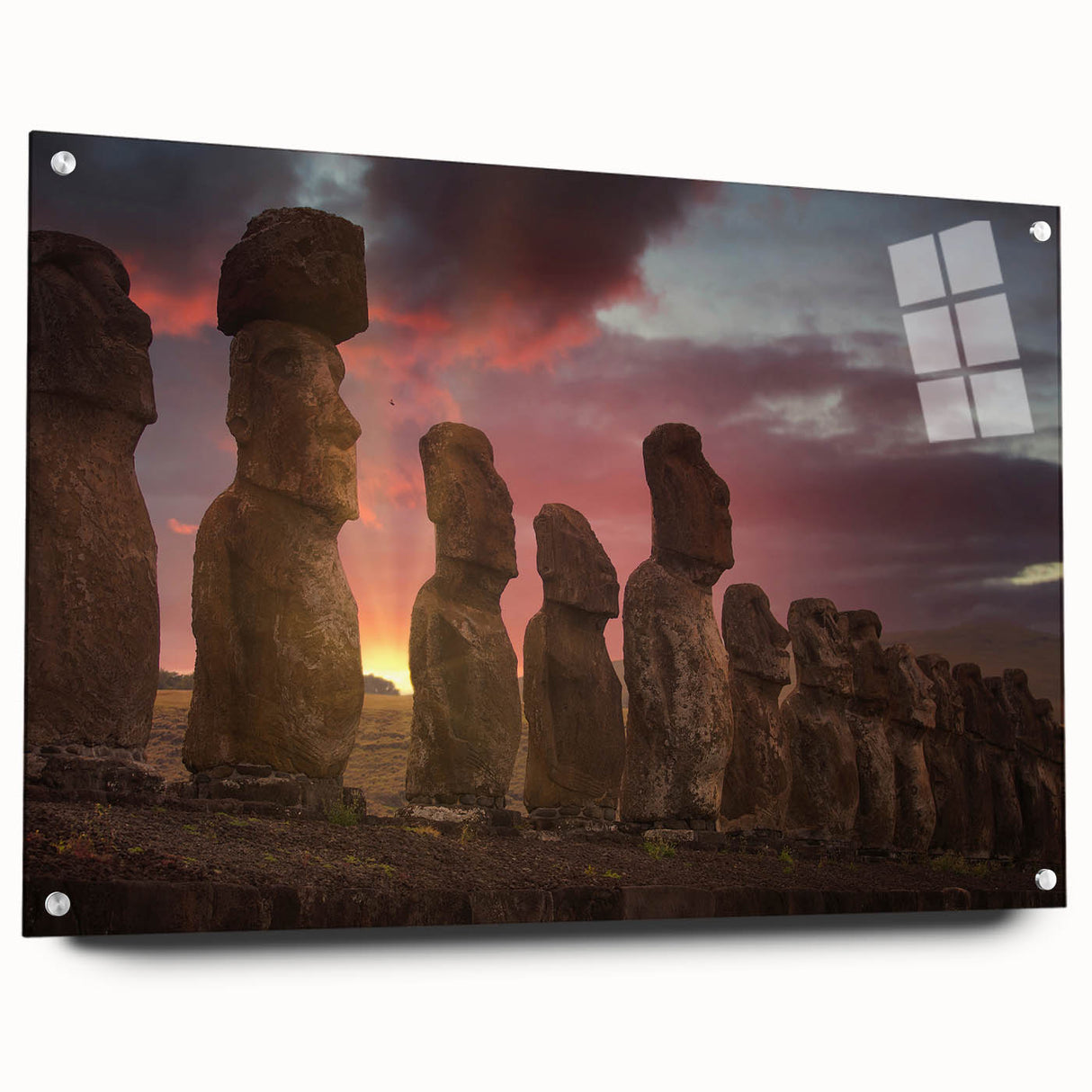 Acrylic print of Easter Island scenery in muted earth tones, suitable for bedroom or dining room decor.