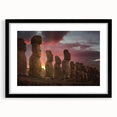 Colorful abstract art print of Easter Island scenery in vibrant hues on a large framed canvas.