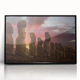 Large abstract wall art depicting Easter Island statues in muted earth tones on framed acrylic.