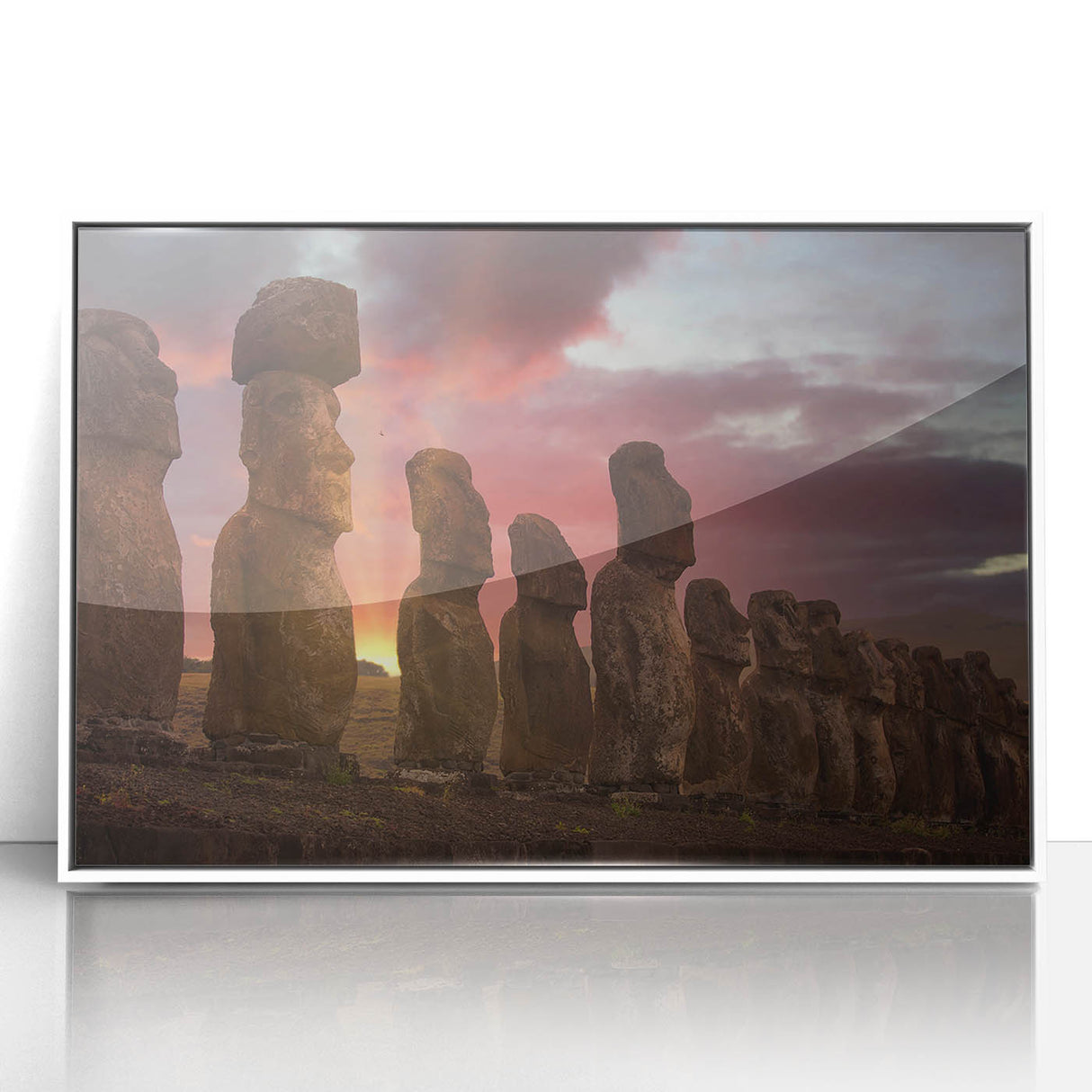 Framed acrylic print of Easter Island statues in muted colors, suitable for modern art wall decor.