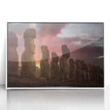 Framed acrylic print of Easter Island statues in muted colors, suitable for modern art wall decor.