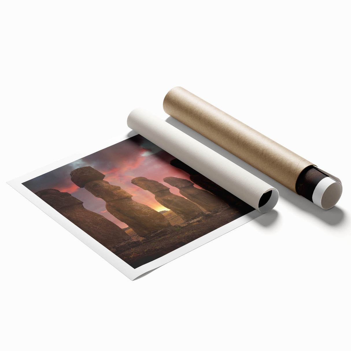 Rolled print of Easter Island scenery with muted earth tones, ideal for classy bathroom wall art.