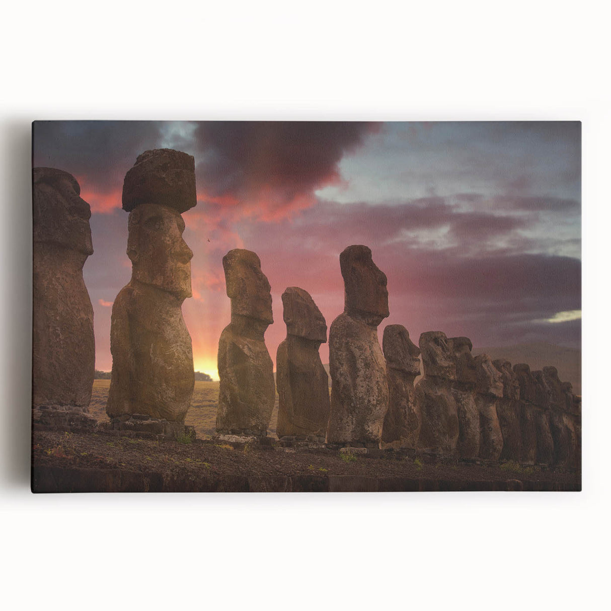 Black and white image of Easter Island statues on a stretched canvas, ideal for kitchen wall art.