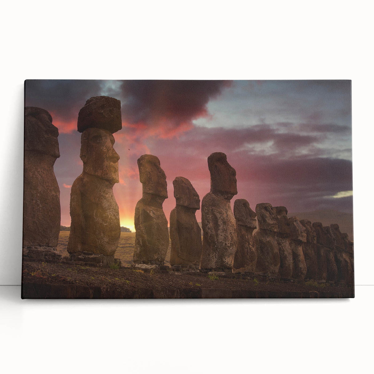 Black and white image of Easter Island statues on stretched canvas, ideal for kitchen wall art or bedroom decor.