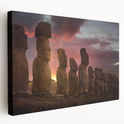 Easter Island statues print on stretched canvas, featuring muted earth tones, ideal for kitchen wall art.