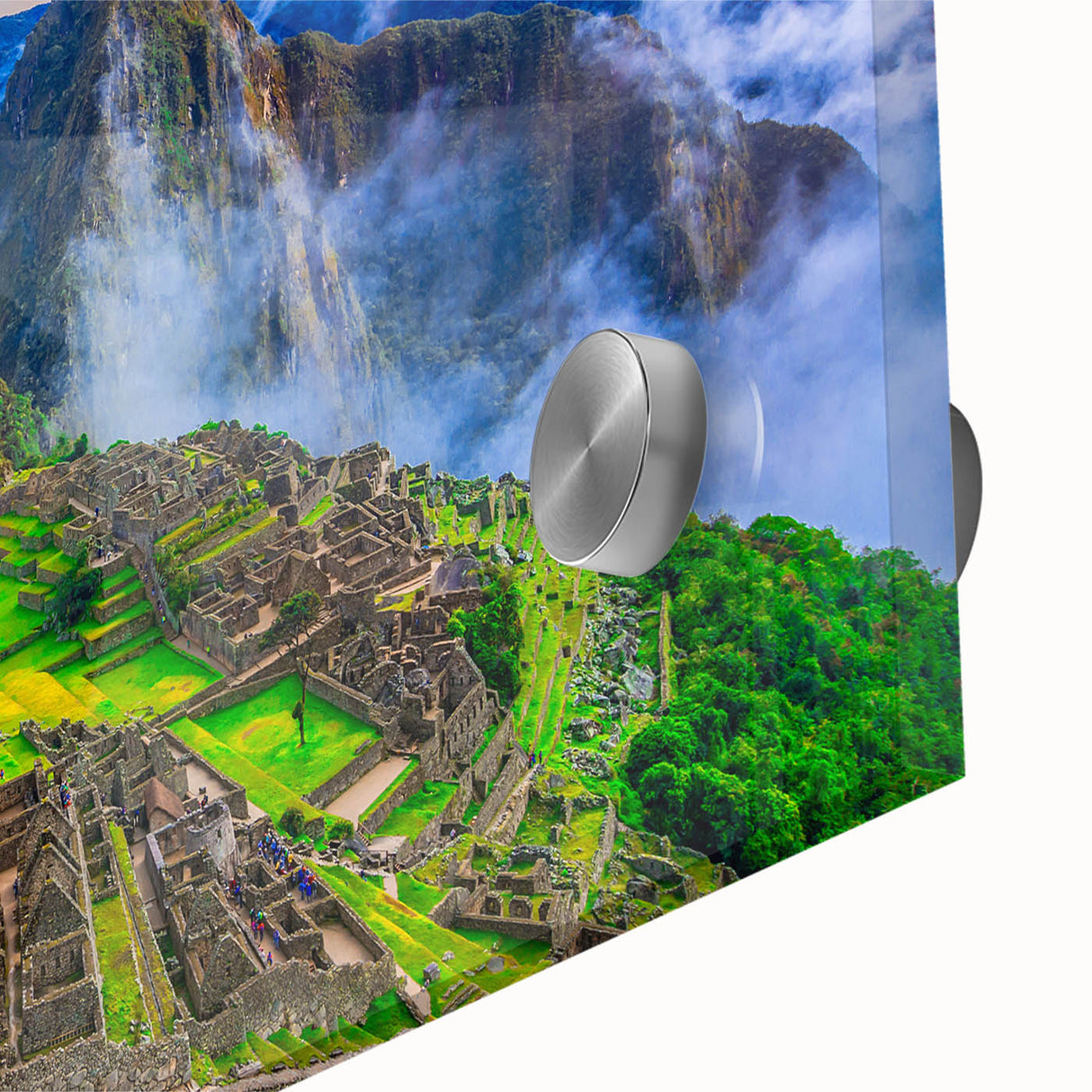 Acrylic print of Machu Picchu in muted earth tones, styled in large abstract mid-century modernist art.
