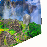 Acrylic print of Machu Picchu in muted earth tones, styled in large abstract mid-century modernist art.