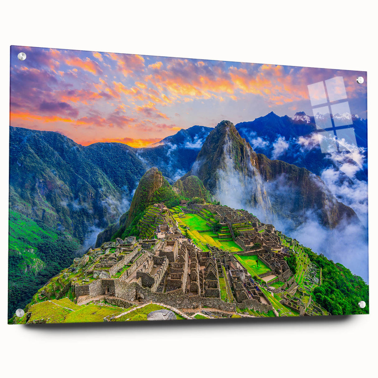 Acrylic print of Machu Picchu in muted green and brown tones, ideal for bedroom or dining room decor.