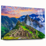 Acrylic print of Machu Picchu in muted green and brown tones, ideal for bedroom or dining room decor.