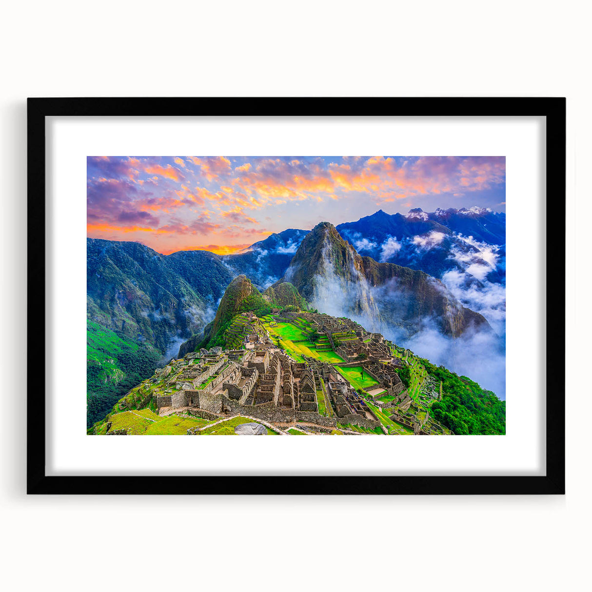 Extra large framed wall art of an abstract representation of Machu Picchu in vibrant colors on textured canvas.