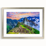 Textured art print of Machu Picchu in muted earth tones, framed in silver, ideal for bedroom art.
