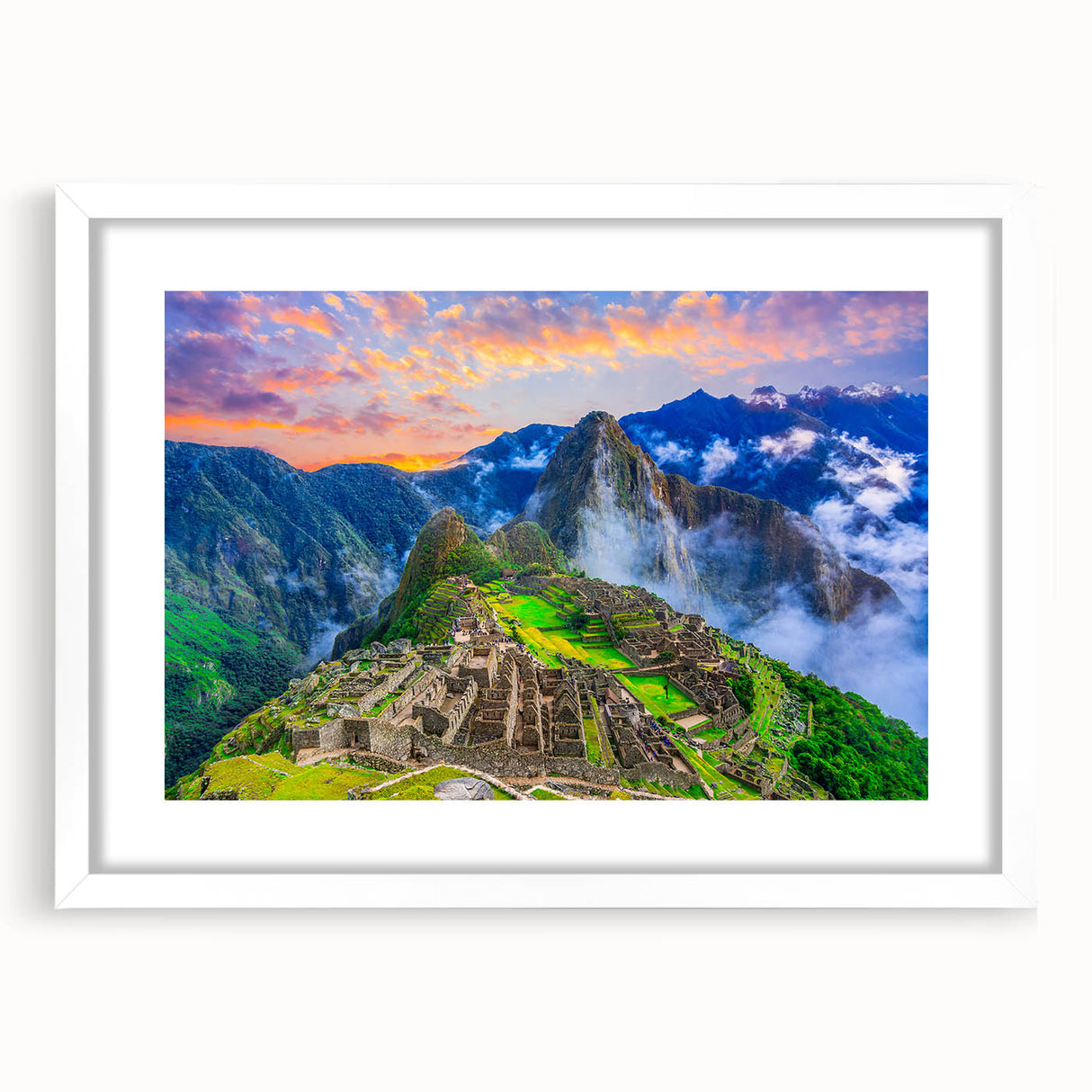 Abstract art print featuring a stylized depiction of Machu Picchu in muted earth tones on a framed white mat.