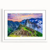 Abstract art print featuring a stylized depiction of Machu Picchu in muted earth tones on a framed white mat.