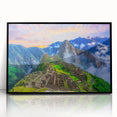 Framed acrylic print of Machu Picchu in grayscale, ideal for modern art wall decor.