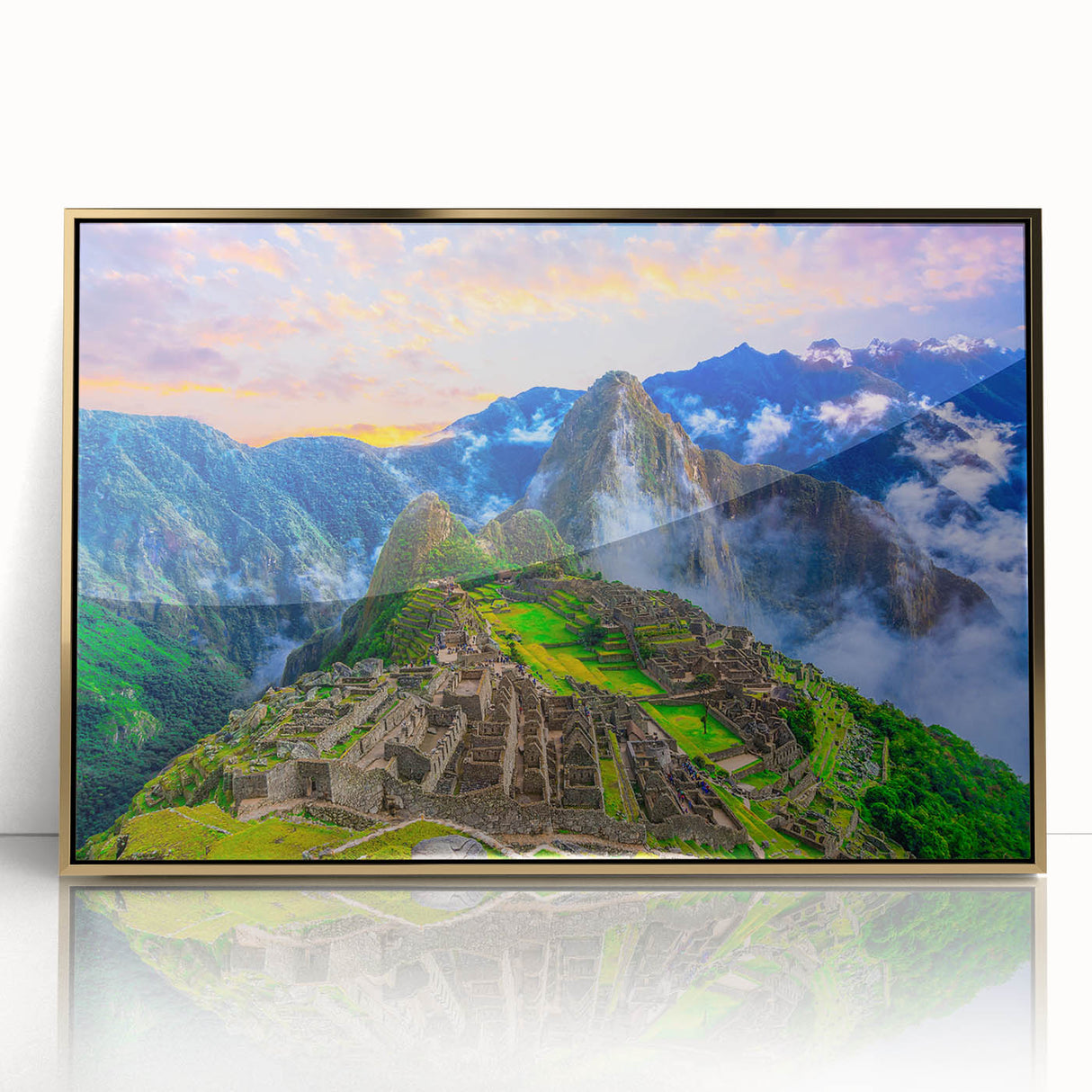 Framed acrylic print of Machu Picchu in muted earth tones, ideal for modern art wall decor.