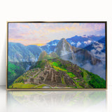 Framed acrylic print of Machu Picchu in muted earth tones, ideal for modern art wall decor.