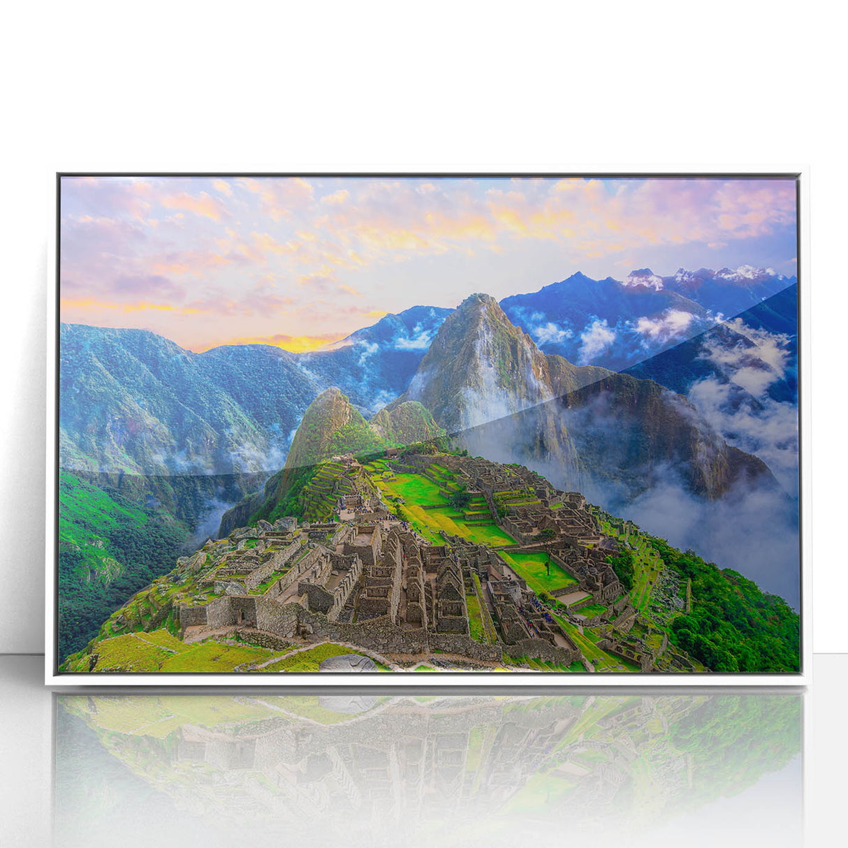 Acrylic print of Machu Picchu in muted earth tones, framed in white, ideal for modern art wall decor.